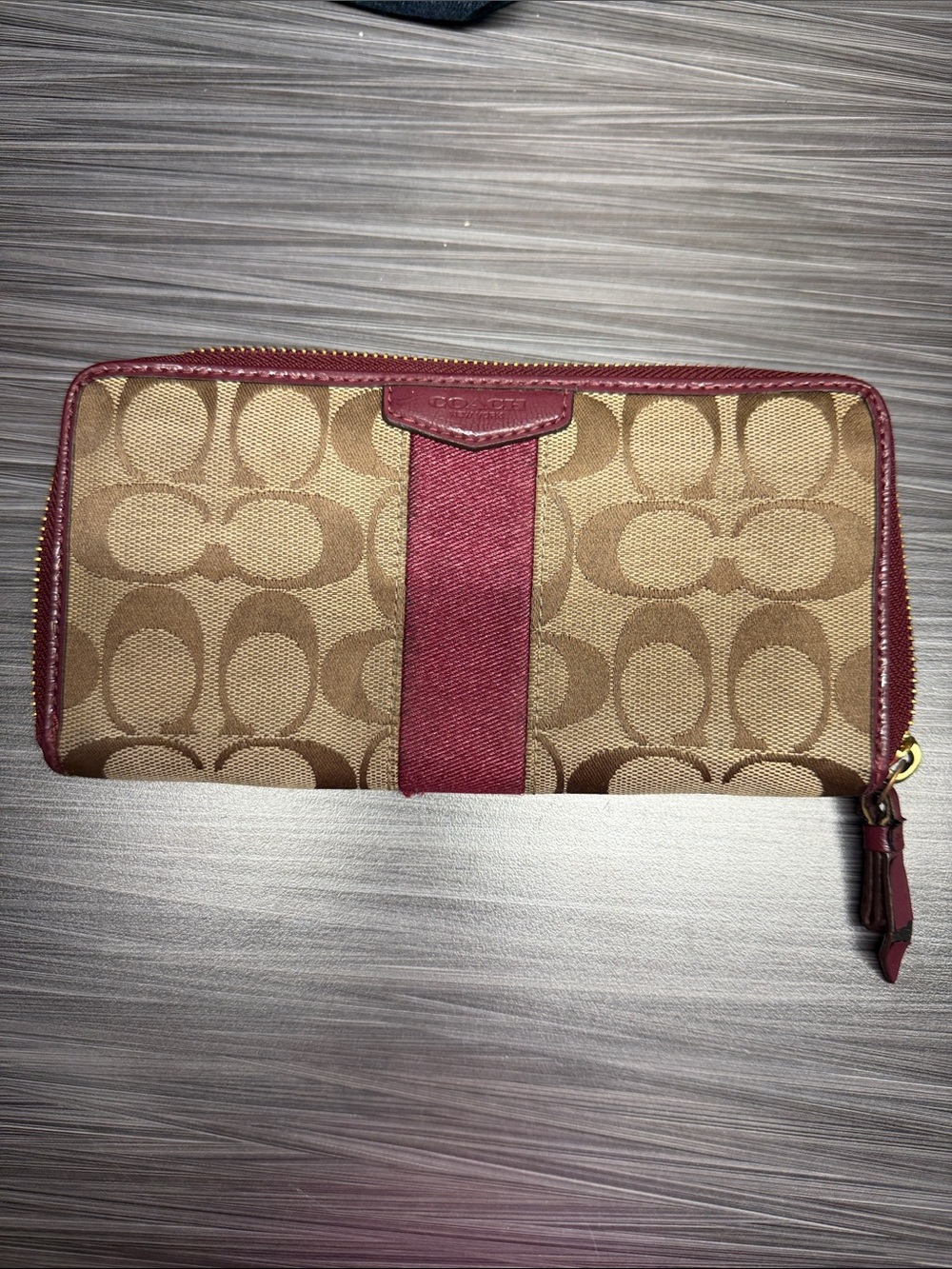 Coach Signature Zip-Around Wallet in Brown and Burgundy Trim